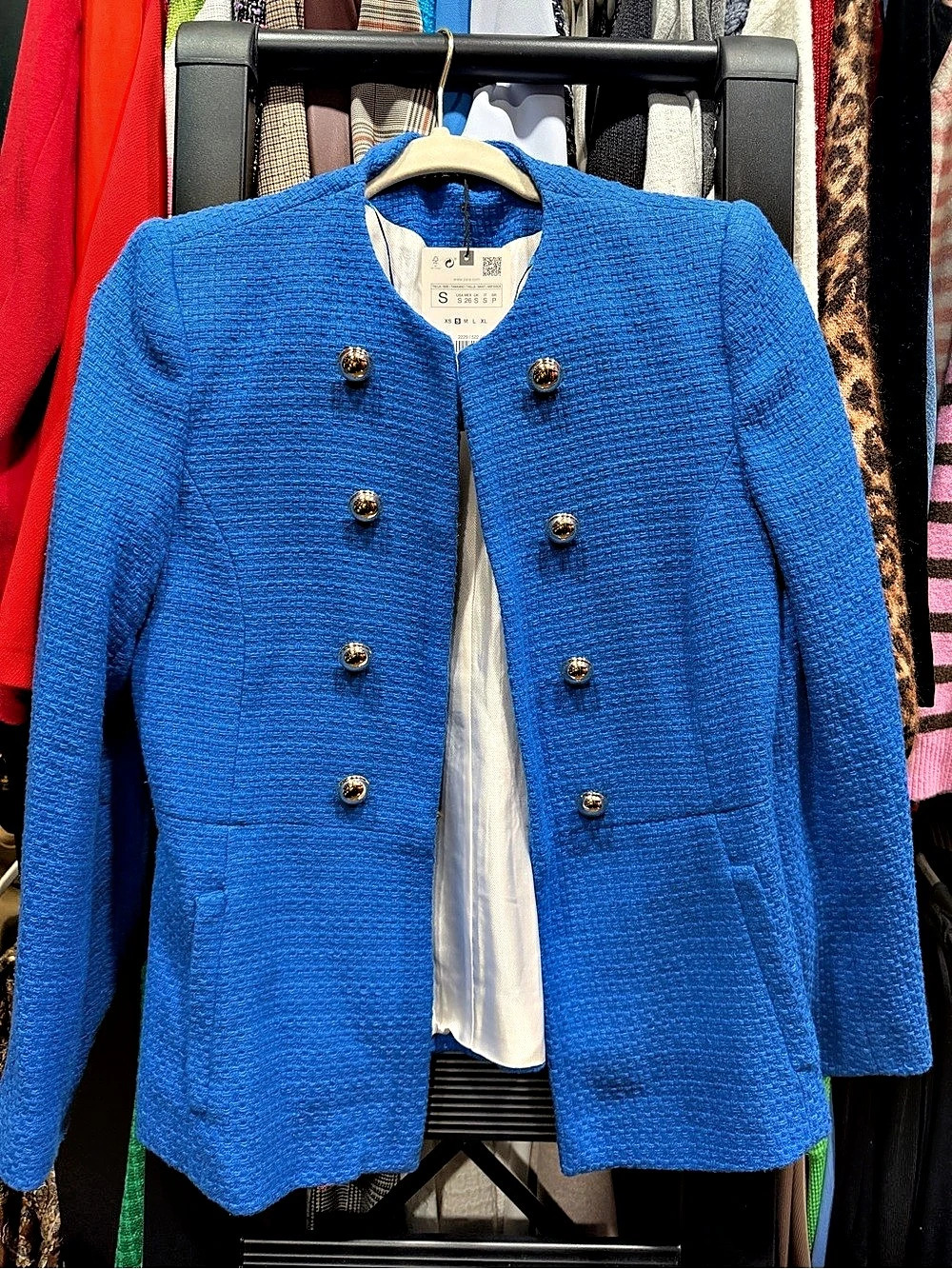 Zara Textured Double-Breasted Blazer Blue Small